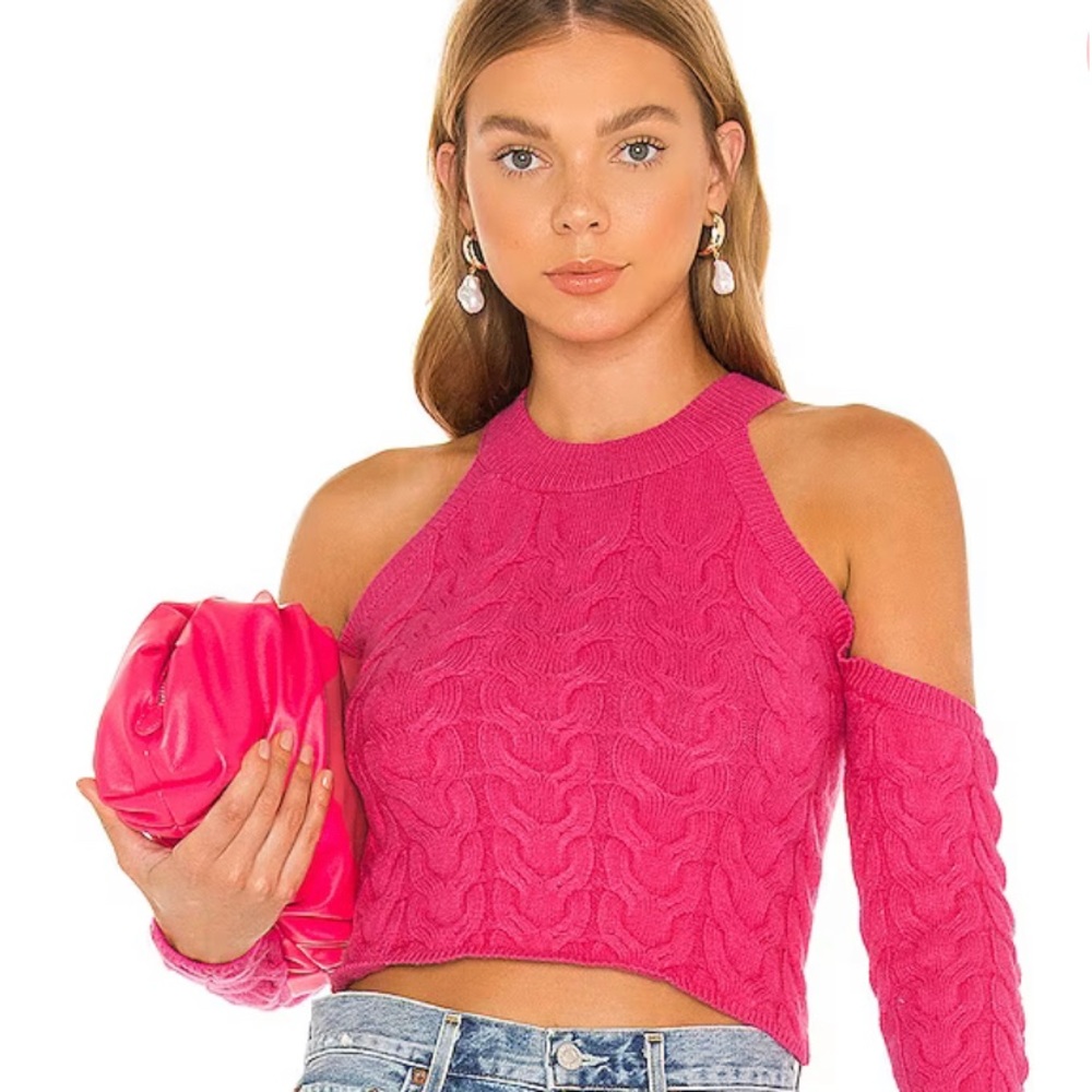 Revolve flattering cold shoulders hot pink cropped sweater